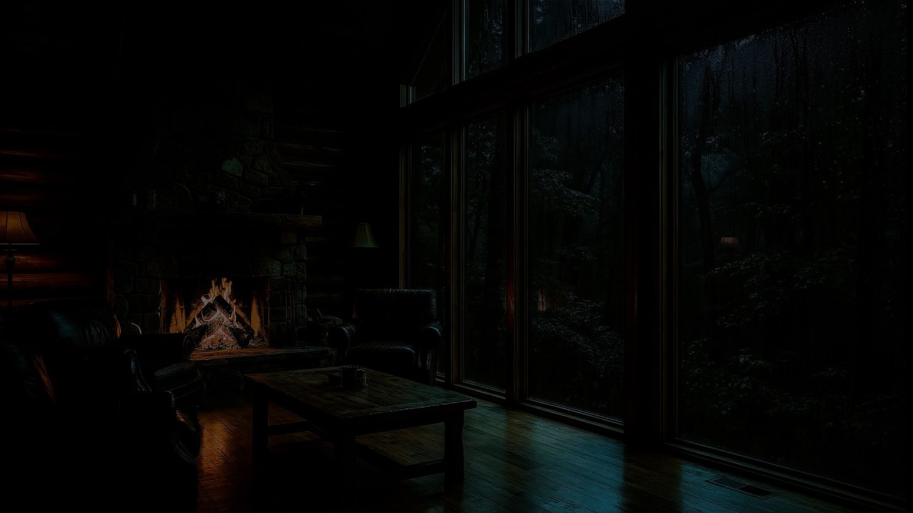 Cozy Cabin Rainstorm at Night 🌧️🔥 Fireplace Sounds for Deep Sleep | 9 Hours (No Ads)