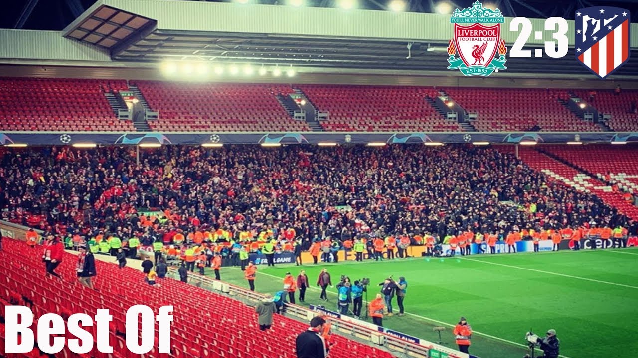 Atlético fans celebrating in an empty Anfield after the victory against Liverpool