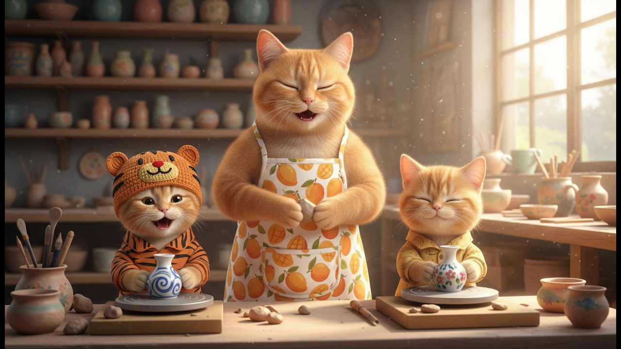 Mama Cat and Twin Kittens Making Cute Handmade Pottery Vases