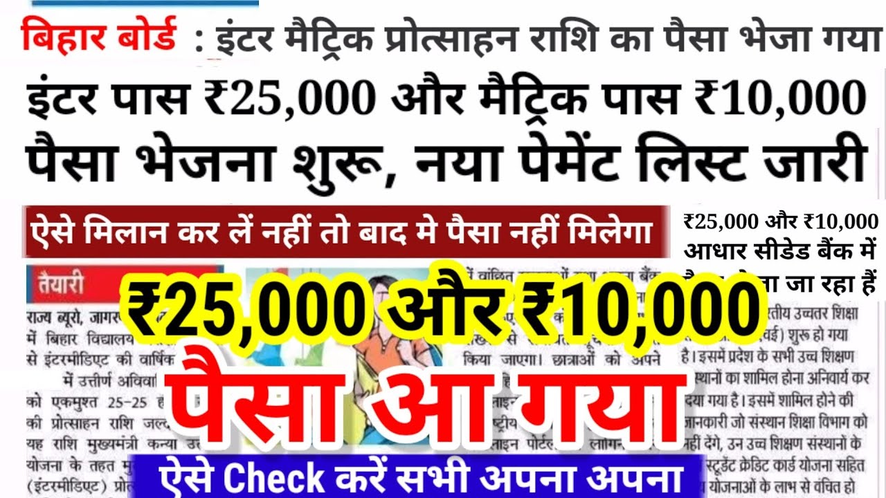 Inter Matric Pass Scholarship ₹25,000  ₹10,000 आगया|Bihar 12th 10th pass scholarship paisa kab ayega