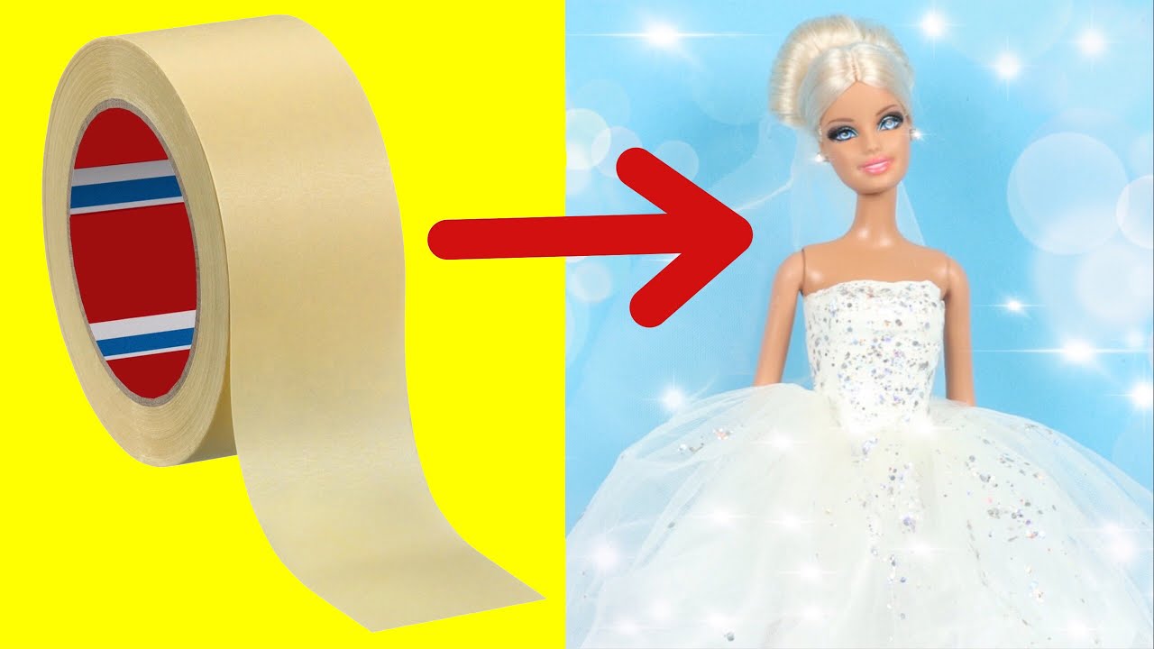 AMAZING DOLL HACKS: DIY Barbie Bride Wedding Dress with Tape Band | Bridal Hair | Easy Crafts Ideas
