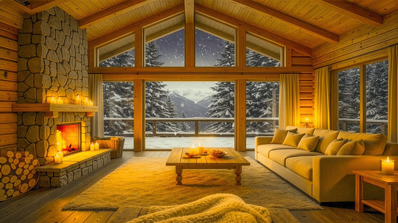 Gentle Piano & Warm Fireplace | Moonlit Luxury Alpine Cabin Ambience for Deep Sleep & Healing
