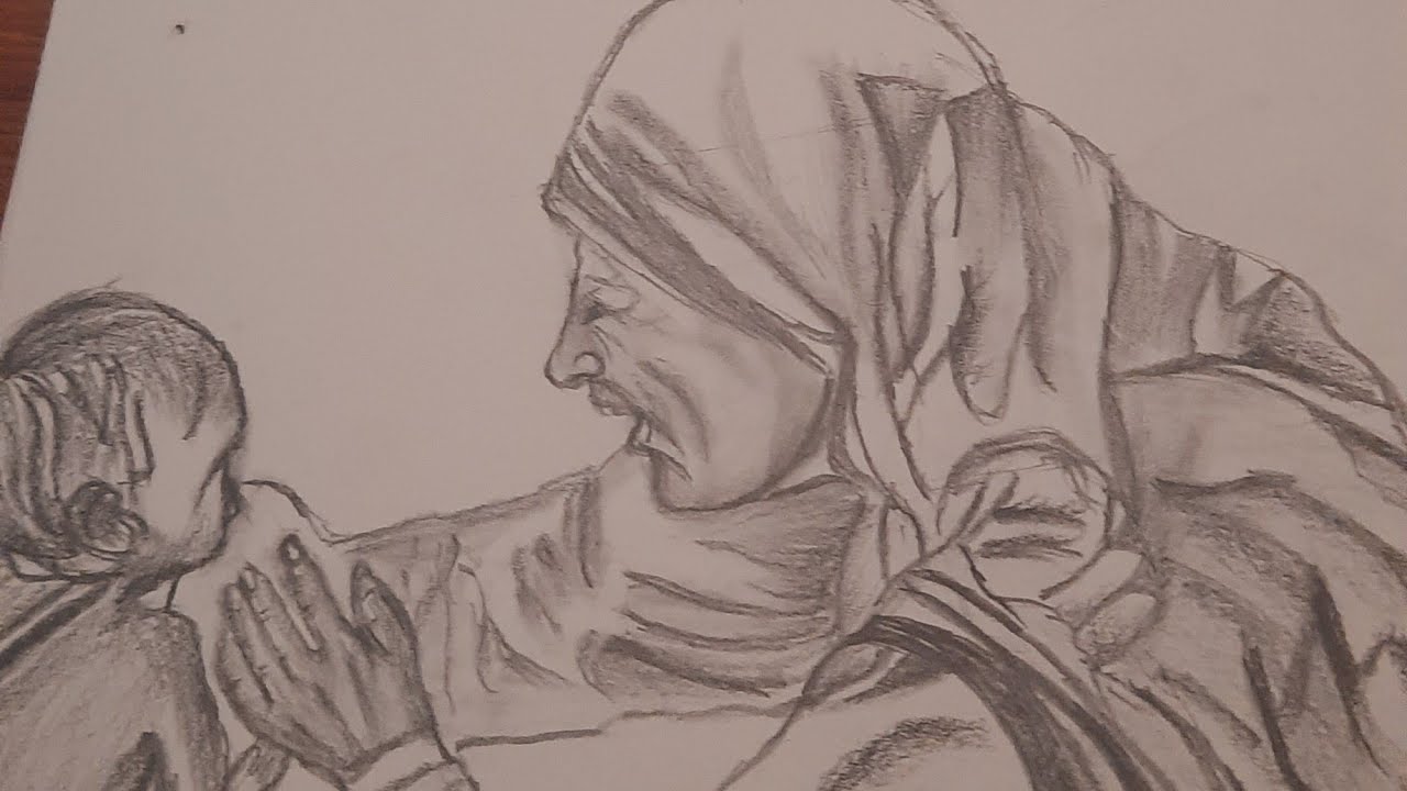 Mother Teresa with poor child //sketch in a easy way