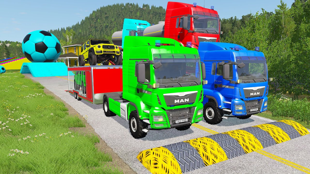 Double Flatbed Trailer Truck vs Speedbumps Train vs Cars | Tractor vs Train Beamng.Drive 050