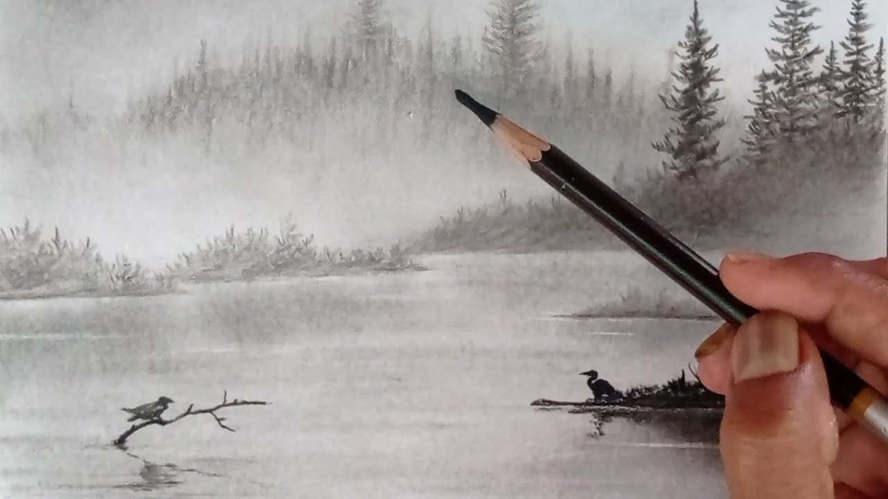 Easy pencil drawing of  trees, grass,bushes with foggy and birds wading in waterlake.