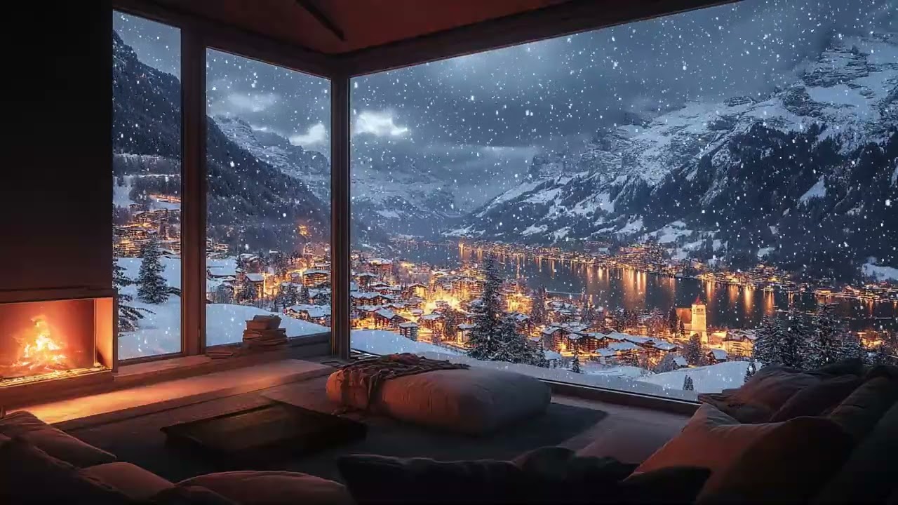 🔥 Cozy Winter Evening in the Mountains ❄️ Snowfall Ambience & Crackling Fire for Sleep