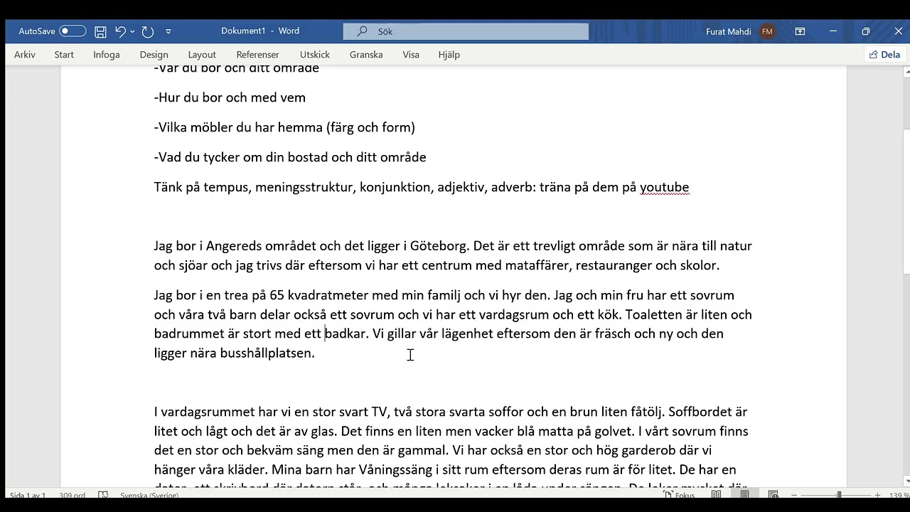 SFI Kurs C: Skriv en text om din bostad och ditt bostadsområde.