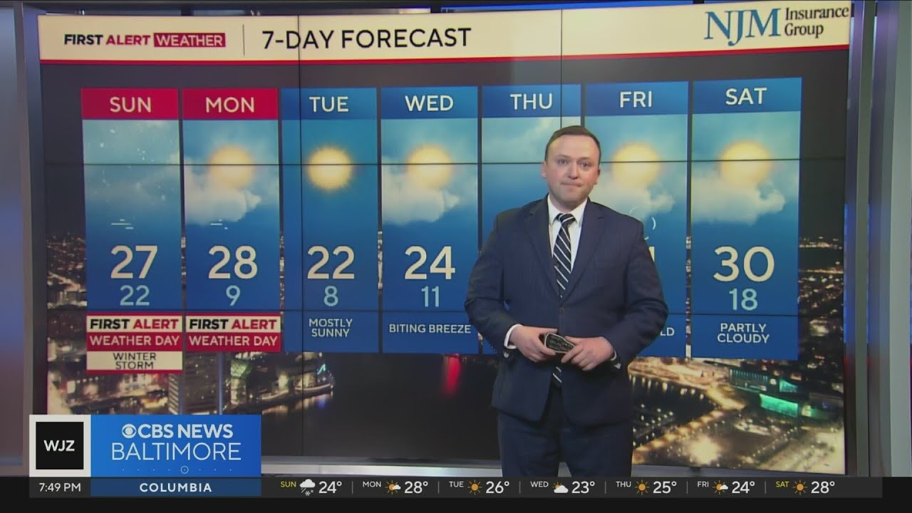 Snow moves into Maryland later Saturday evening, into early Sunday morning