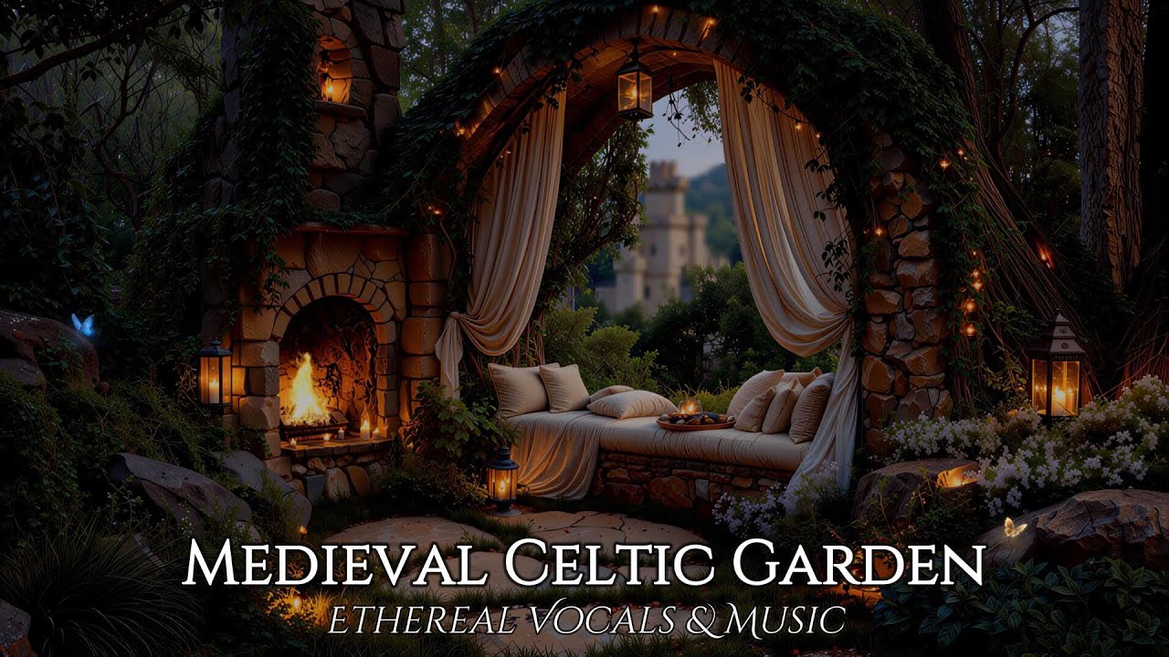 Medieval Celtic Garden Ambience | Cozy Fireplace & Ethereal Female Vocals