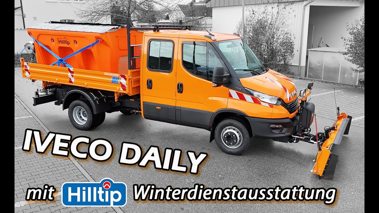 Iveco Daily mit HILLTIP Teleskopschneeschild und 1600 Liter Streuer bereit für den Winterdienst