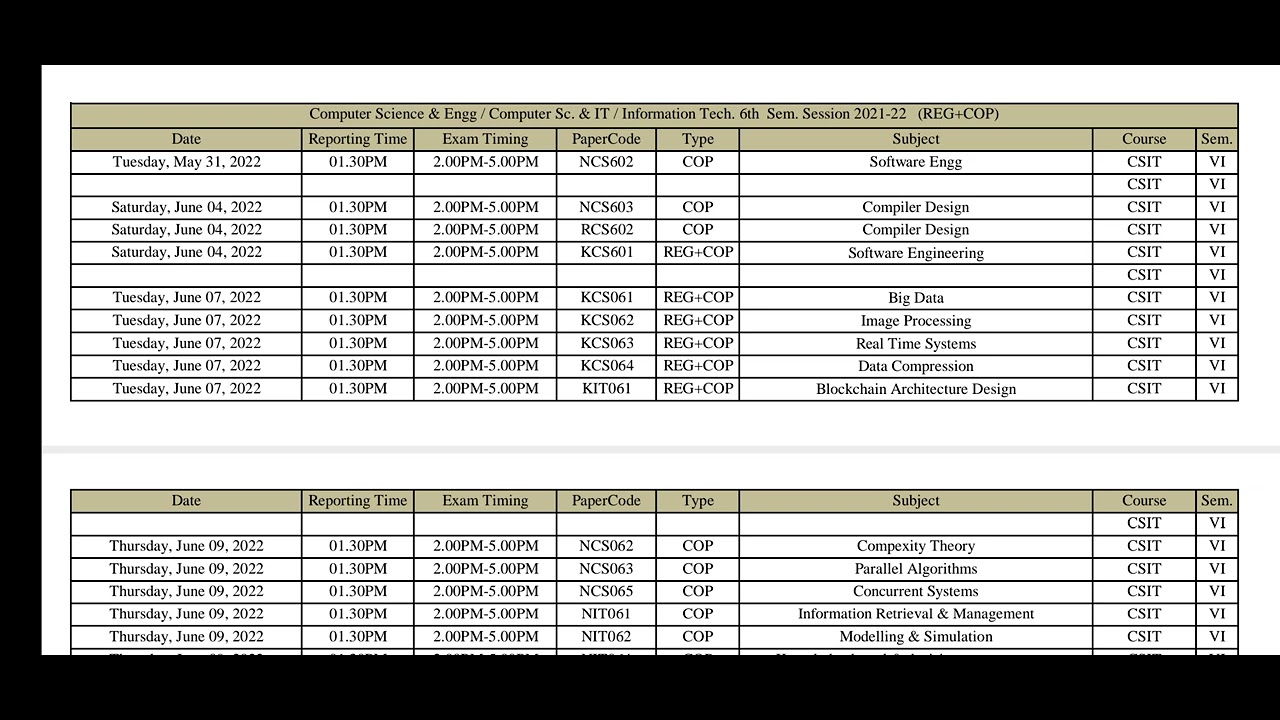 Aktu B.tech CSE / IT / CSEIT 6th  Semester exam  Scheme 2022 || university date sheet 2022.