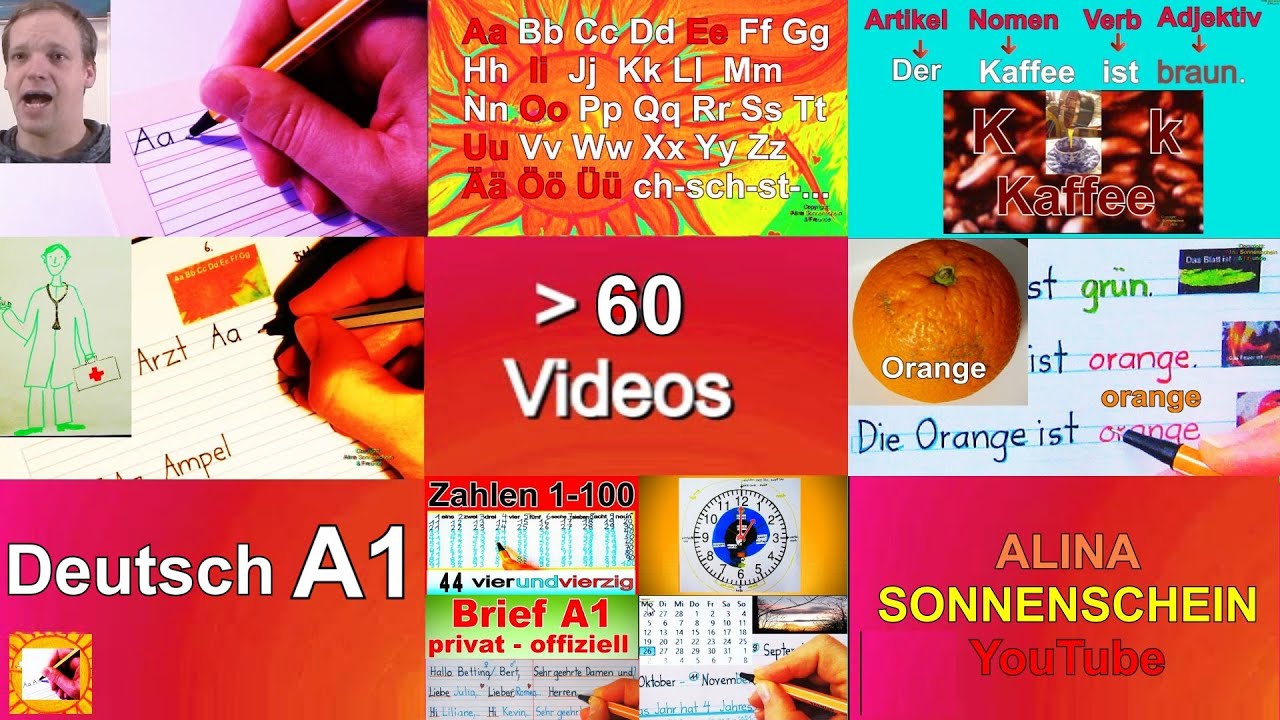 Deutsch A1 lernen mit Bildern - Schreibvorlagen gratis - Videos - Alphabet bis S&auml;tze - international