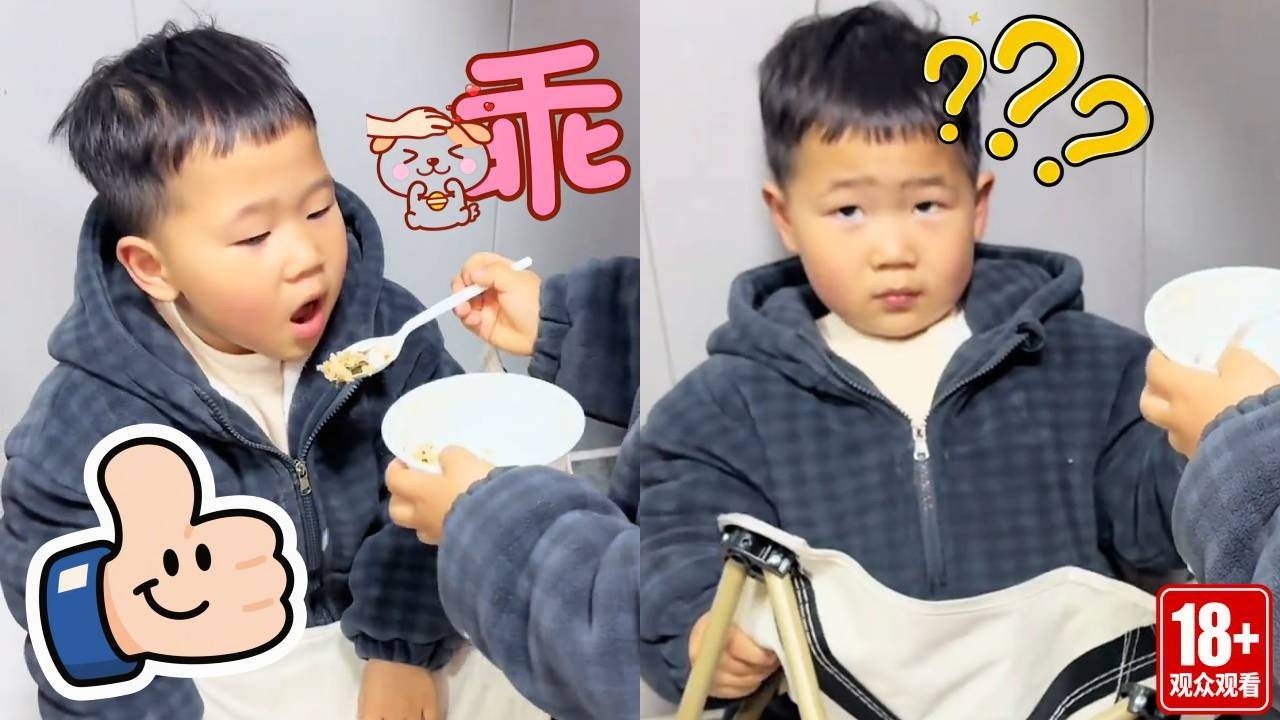 【超萌双胞胎】弟弟只顾玩凳子不吃饭，哥哥立马说：我都吃完咯！这下立马着急了！