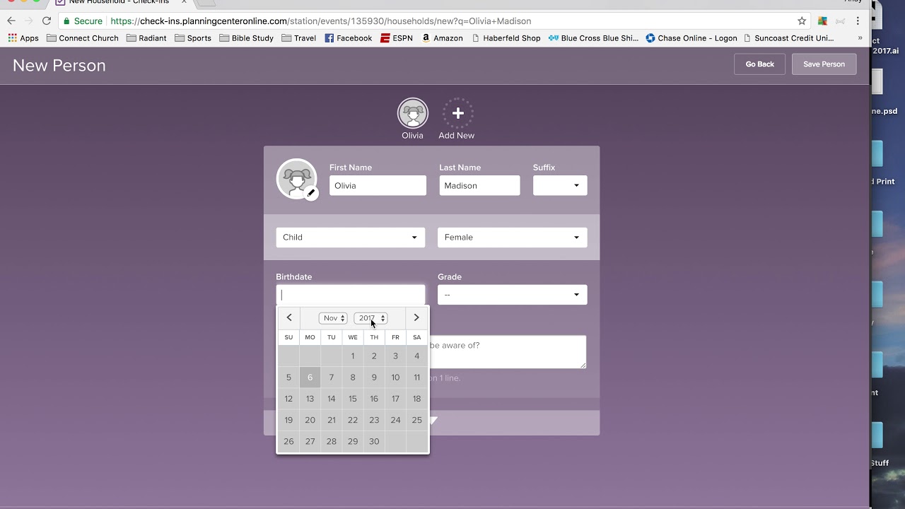 Planning Center Check-Ins Add New Person