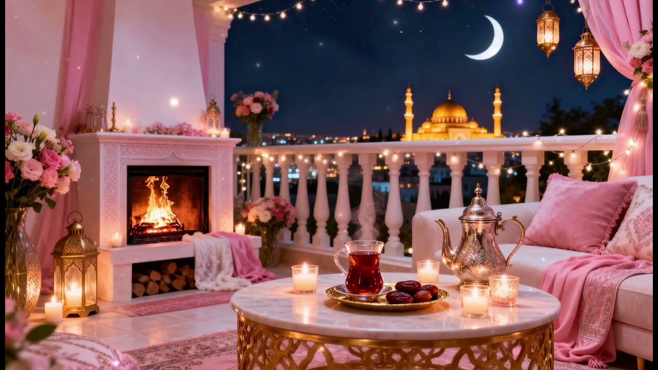 Pink Ramadan Iftar ambience🌙cozy balcony fireplace & coquette aesthetic Ramadan Kareem background