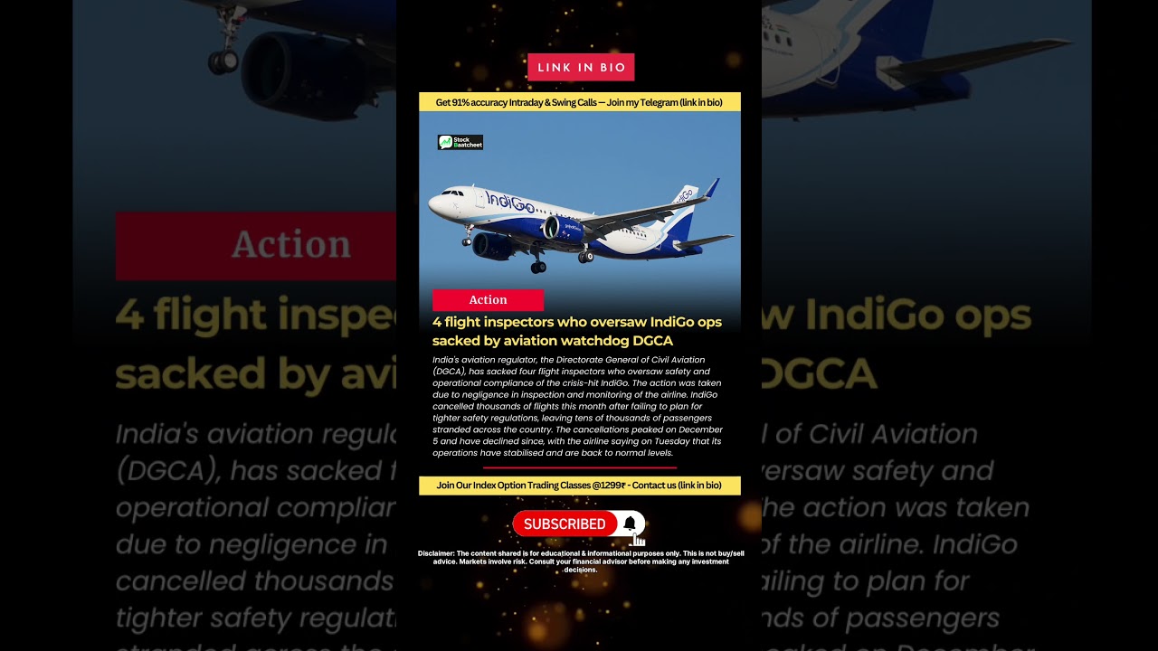 4 flight inspectors who oversaw IndiGo ops sacked by watchdog DGCA #indigo #dgca #stockmarket