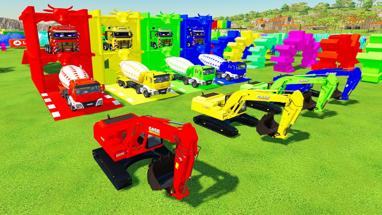 Colorful trucks - ALL COLORFUL MAN MIXER CEMENT TRUCK, EXCAVATOR TRANSPORTING TO COLORFUL GARAGE