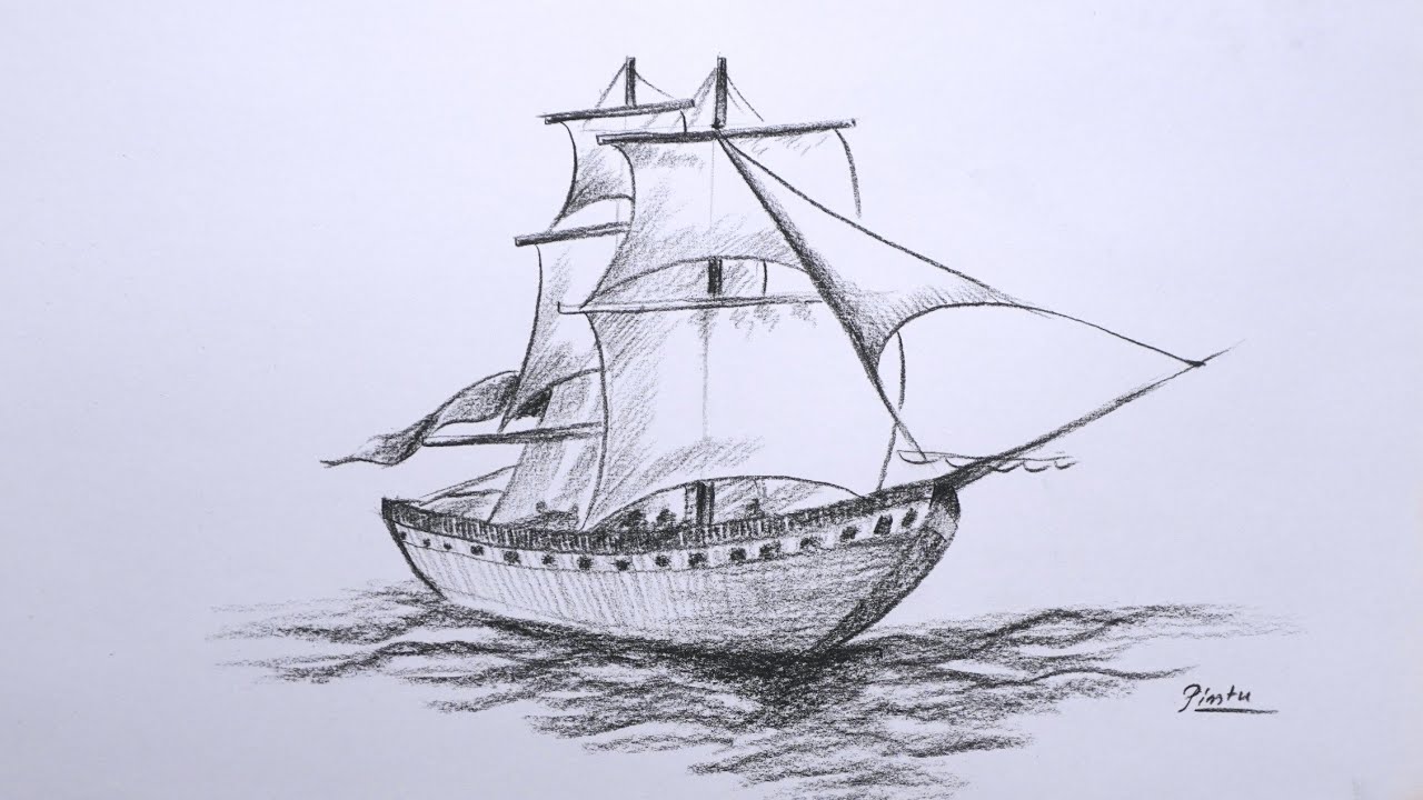 How to draw a Ship with mast step by step