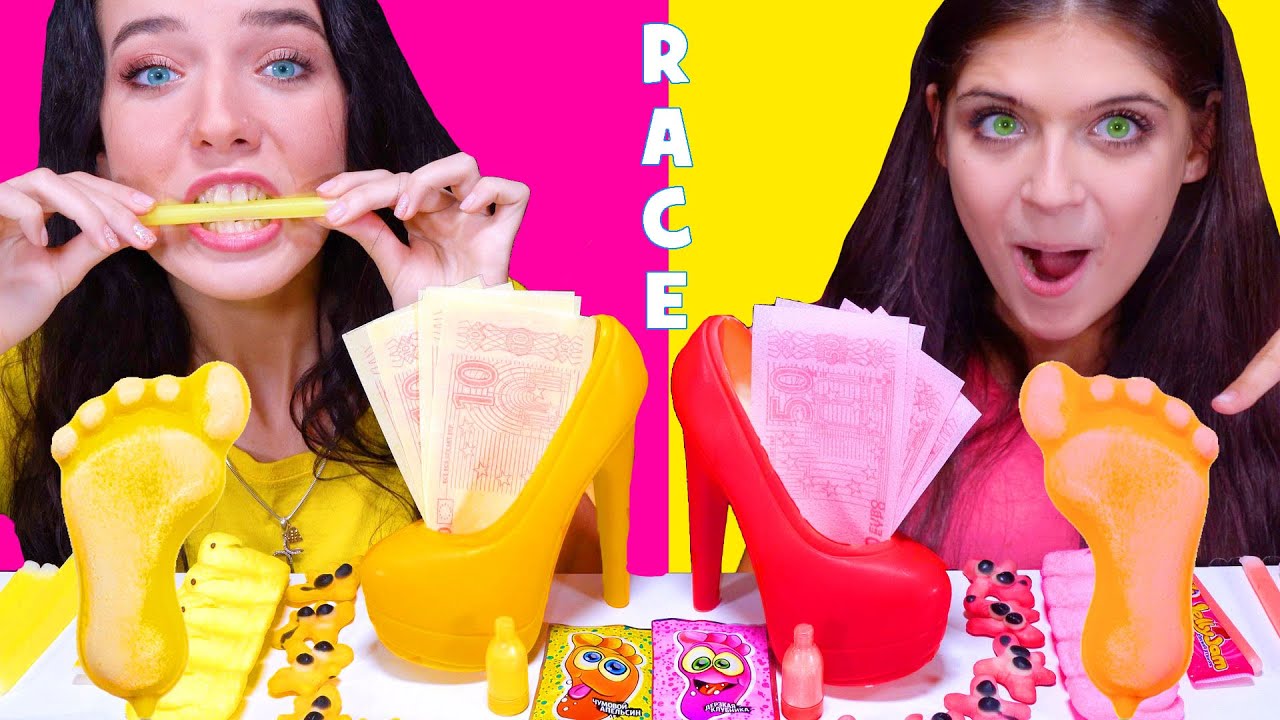 ASMR CANDY RACE PINK AND YELLOW CANDY | EATING SOUNDS LILIBU