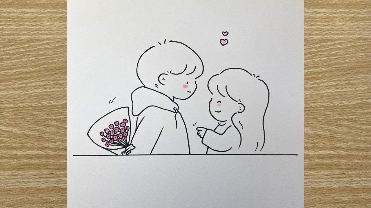 Cute Couple Drawing 💐 | Boy Hiding Flowers Surprise