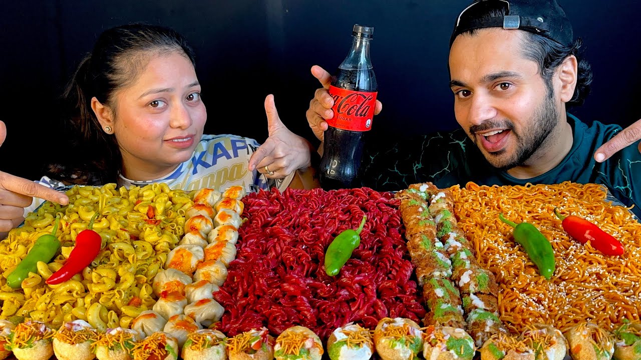 EATING RED PASTA, KOREAN NOODLE, MACRONI, SPRING ROLL & DAHIPURI | STREET FOOD CHALLENGE