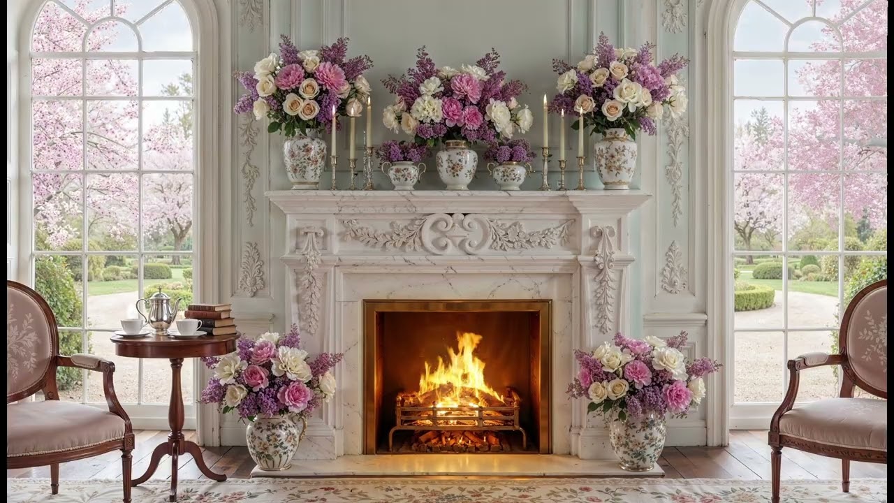 Bridgerton Spring Fireplace Ambience with Crackling Fire | Regency Era Elegance