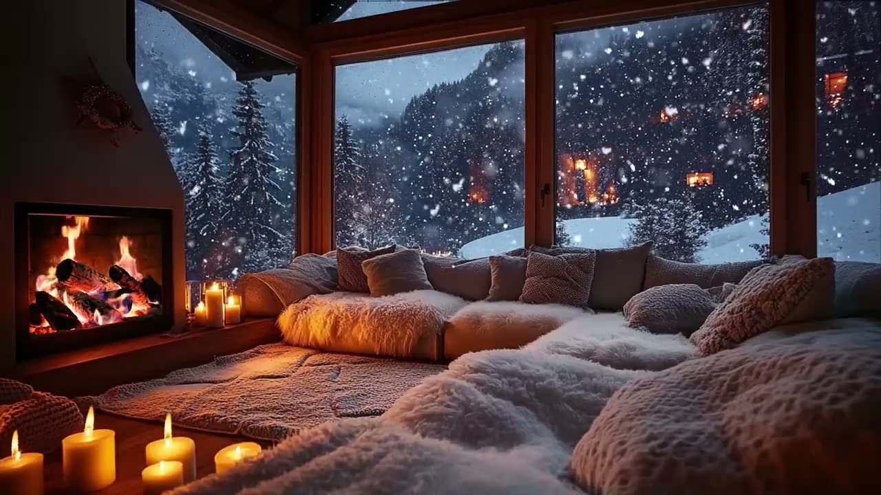 Peaceful Piano and Crackling Fire in a Snow Covered Cabin for Sleep Study and Relax