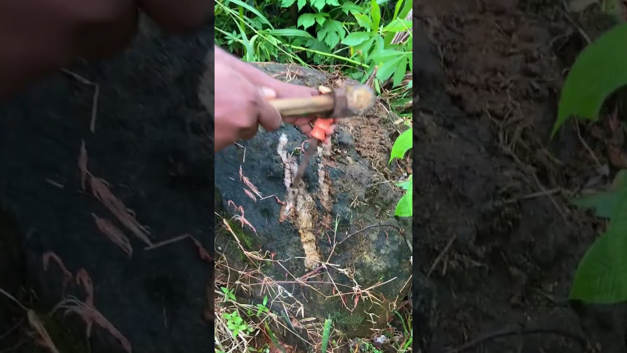 Breaking to Open Yellow Crystal Vein in Stone &ndash; What&rsquo;s Inside? satisfying rock cracking