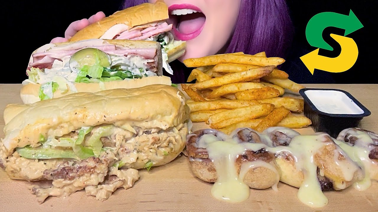 ASMR SUBWAY MUKBANG (NO TALKING) *NEW* BAJA CHICKEN & BACON + PIZZA HUT CAJUN FRIES