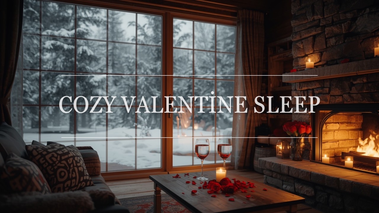 Valentine Fireplace & Soft Piano | Snowy Cozy Night Ambience for Sleep