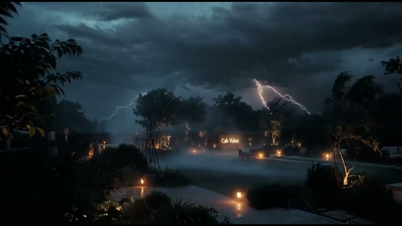 Moody Evening Villa Garden 🌩️🌧️ | Thunder & Rain Sounds | Cafe Videos Cinematic Ambience