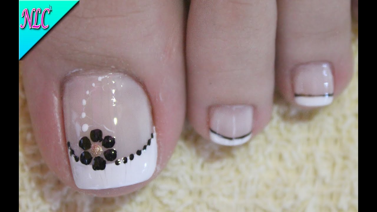 DISEÑO DE UÑAS PARA PIES EN BLANCO Y NEGRO FLORES CON FRANCÉS -BLACK & WHITE - FRENCH NAIL ART - NLC