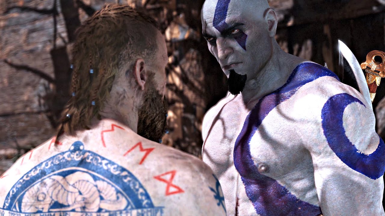 Young Kratos With Blue Tattoos Vs Baldur Boss Fight - God of War PC (4K Ultra HD)