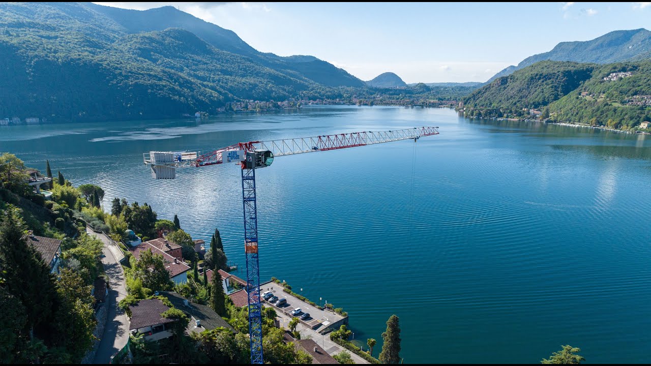 Installation of a Raimondi MRT159 flat top tower crane in Lake Lugano, Switzerland