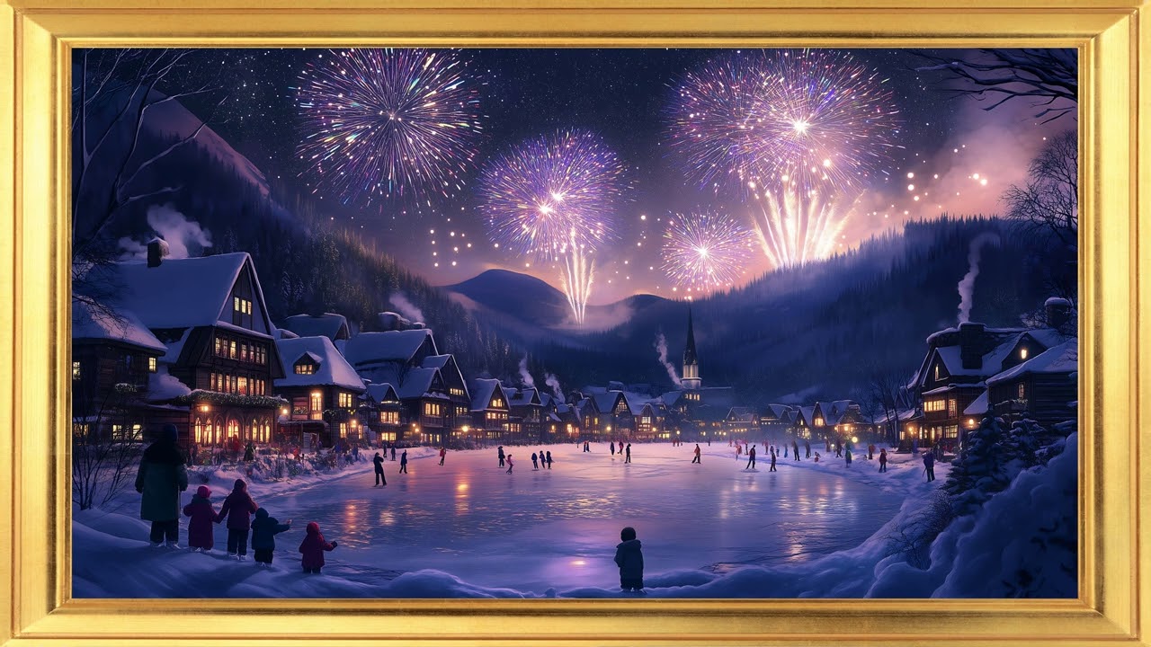Winter Sports Fireworks Frame TV Art | Holiday Celebration 4K Wall Art Screensaver Festive Wallpaper