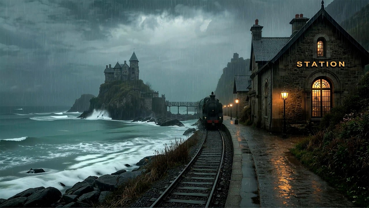 Rainy Seaside Gothic Train Station | Dark Academia Ambience for Reading & Study | Piano & Cello