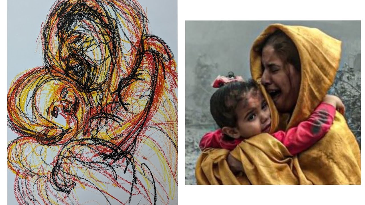 Day 6 - Drawing again the photo of a woman and a child using oil pastels