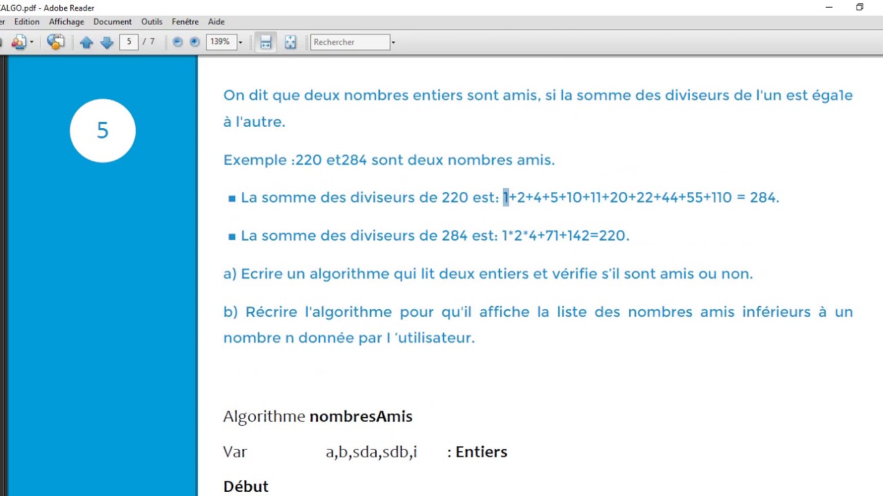 Exercices corrigés d'Algorithmique | 5a | Nombres amis
