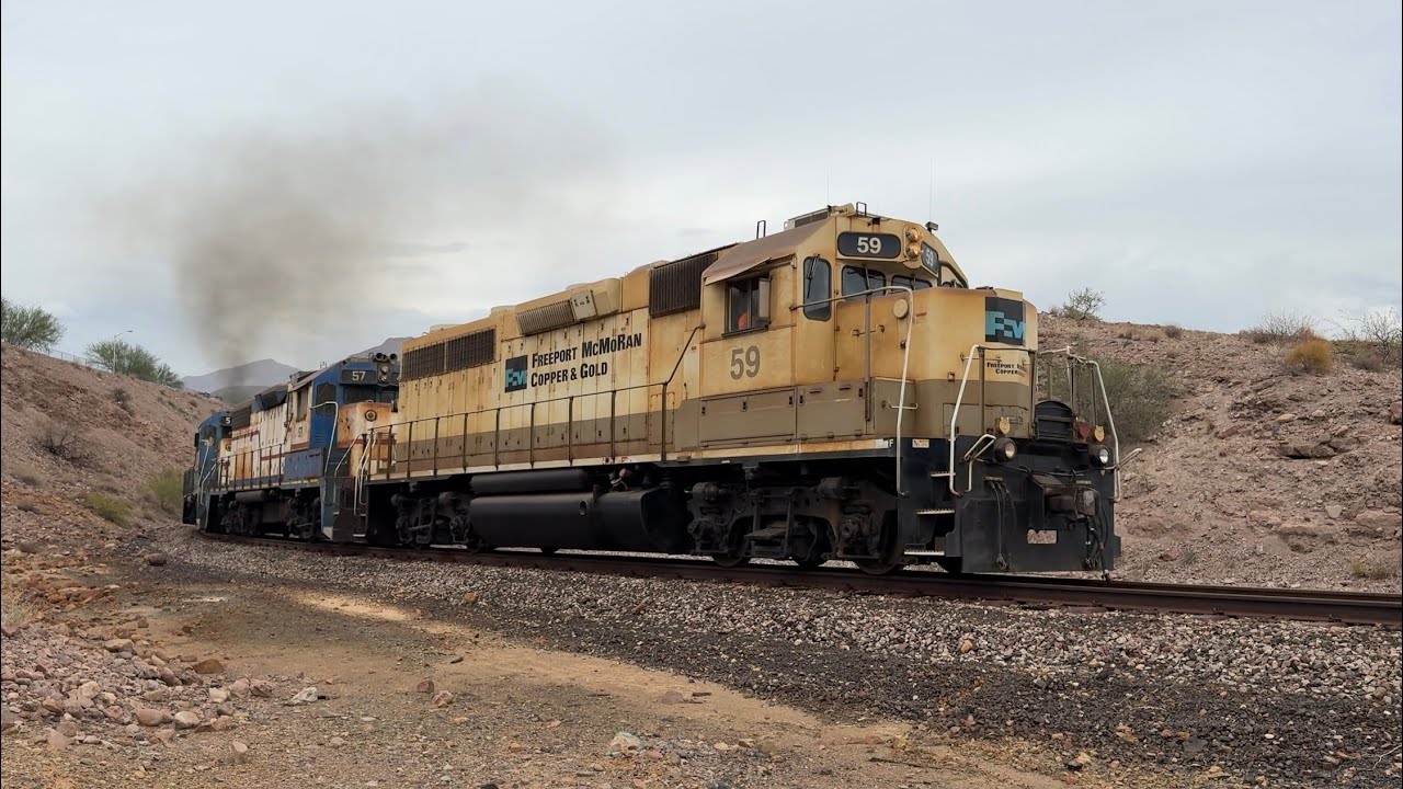 FMI 59 GP38-2 Leads Freeport-McMoRan Industrial train up the 5% Grade out of Clifton, AZ