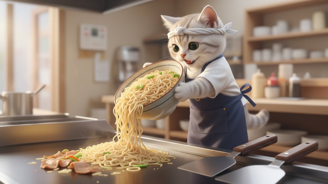 へいらっしゃい!!焼きそば屋でアルバイト...ねこの一日に密着🐱🍳