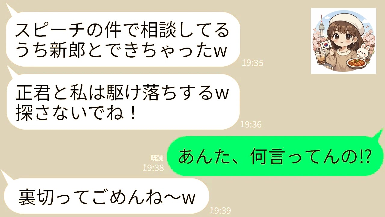 【LINE】結婚式当日、スピーチも任せていた幼稚園からの親友が新郎とまさかの駆け落ち「ごめんw好きになっちゃった〜」→クズ2人の愛の逃避行のざまあすぎる結末がwww