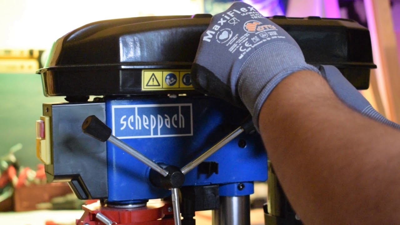 Scheppach DP16VLS drill tests , to wood and metal . Speed adjustment