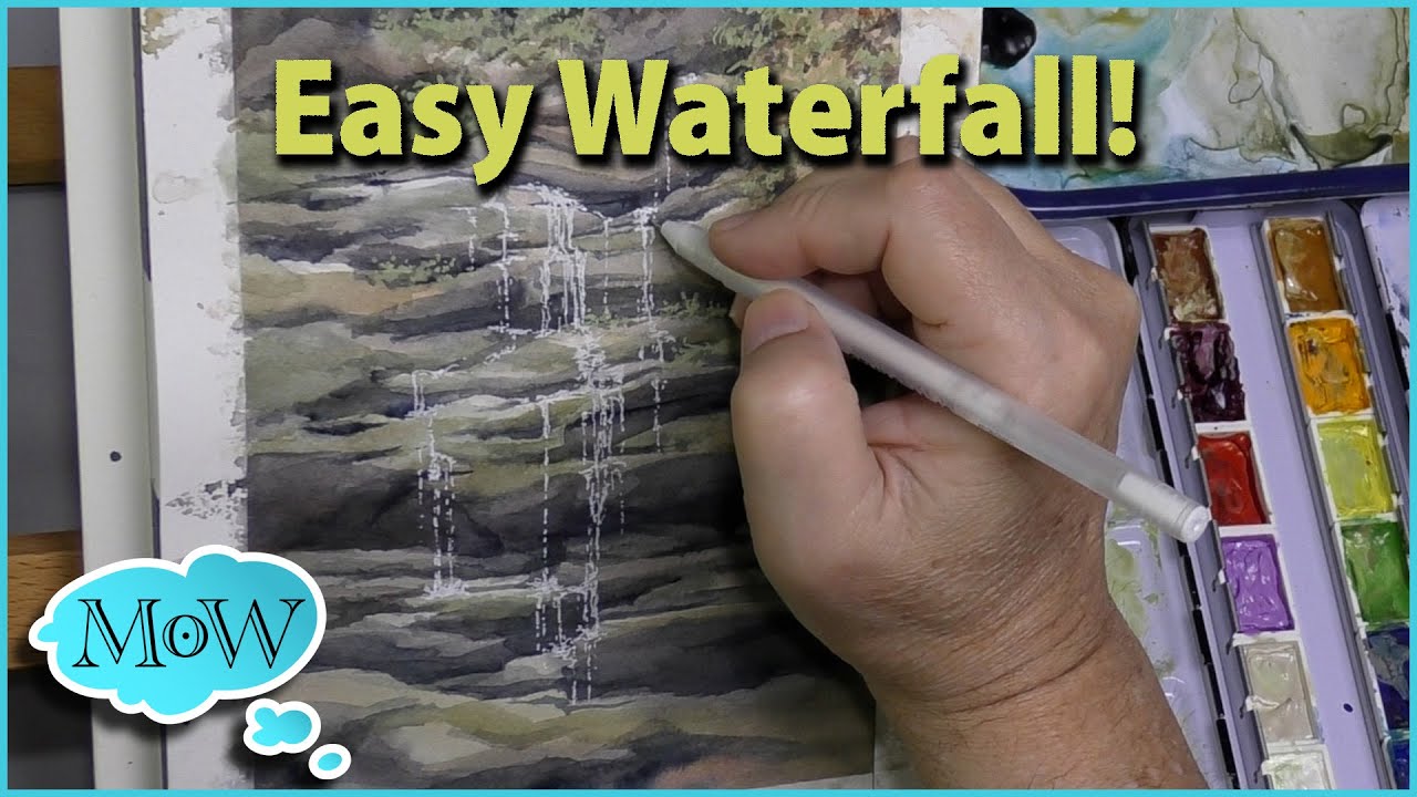 Easy Mountain Stream Waterfall in Watercolor.