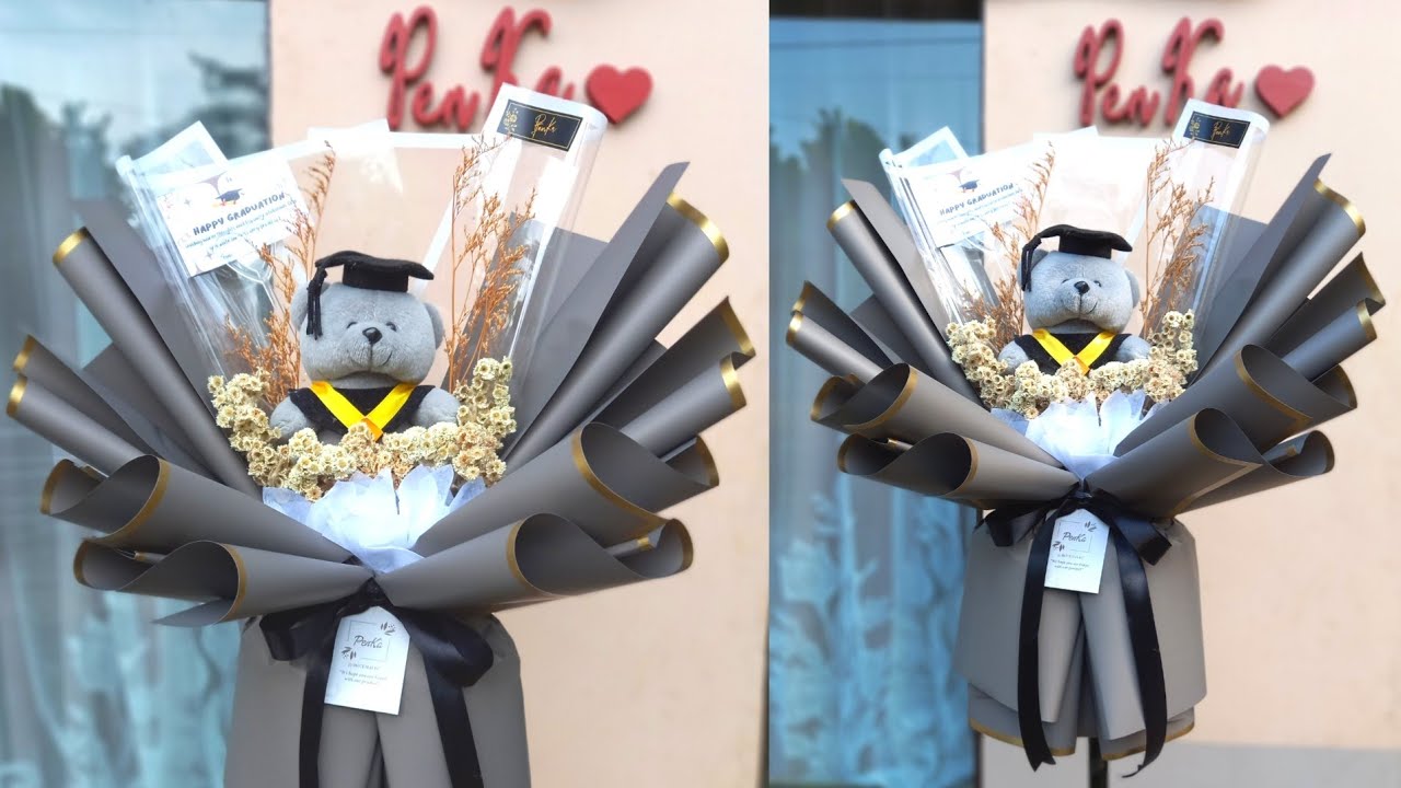 Buket Boneka Wisuda Abu + Bunga Kering || DIY Tutorial Graduation Bouquet