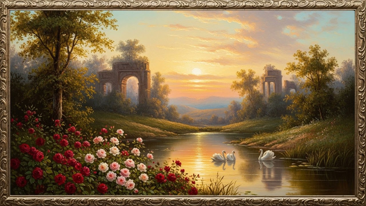 Romantic Garden by the River | Warm Pastoral Oil Painting
