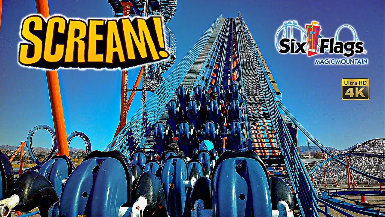 2025 Scream Floorless Roller Coaster On Ride Back Row 4K POV Six Flags Magic Mountain
