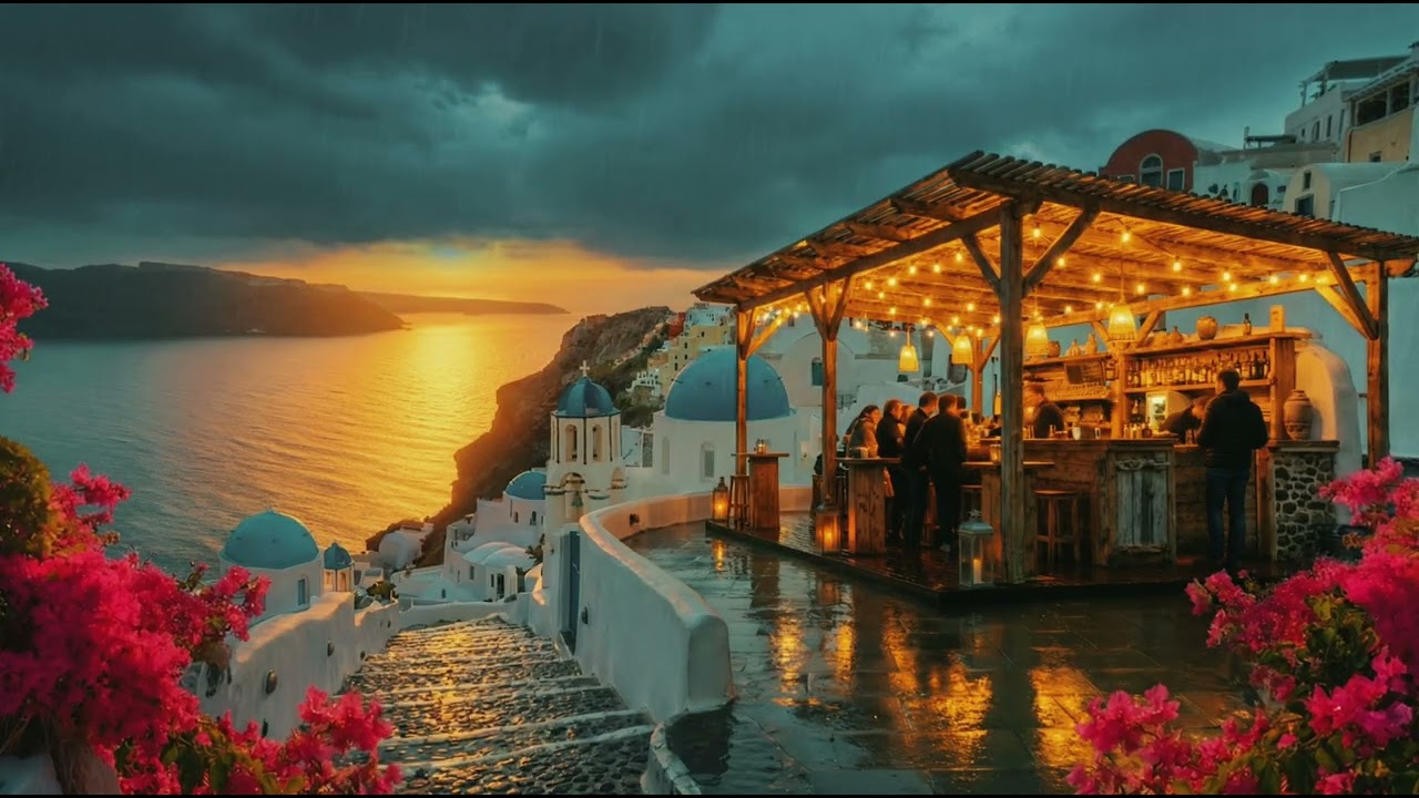Cozy Rainy Night in Santorini, Greece 🇬🇷 – Lofi Hip-Hop for Study, Sleep & Relaxation | 4K Ambience