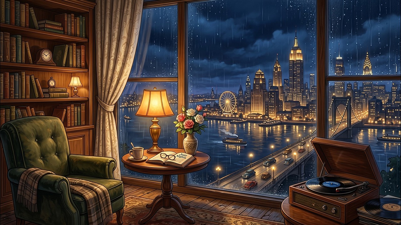 Retro New York Penthouse 🌧️ Slow Vinyl Jazz & Rainy Manhattan Window for Deep Late Night Focus