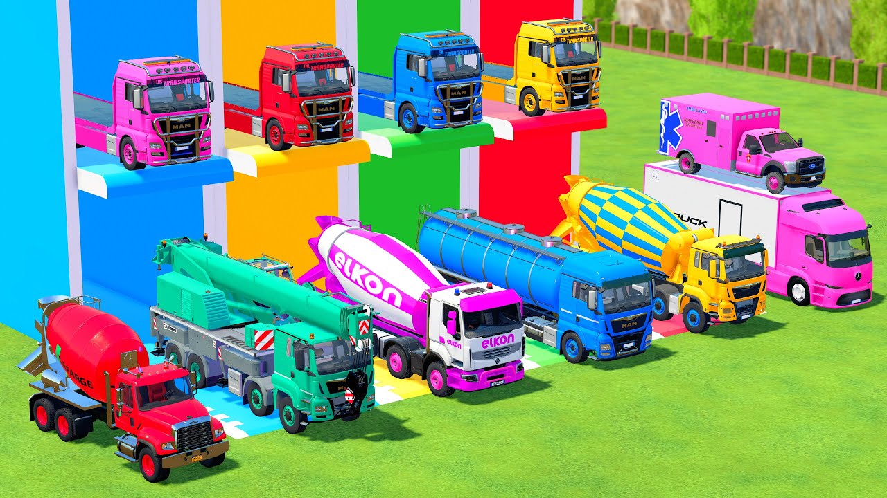 TRANSPORTING OF COLOR, ALL COLOR MIXER TRUCK WITH DOUBLE FLATBED TRUCK, MAN, MERCEDES, SCANIA - FS22