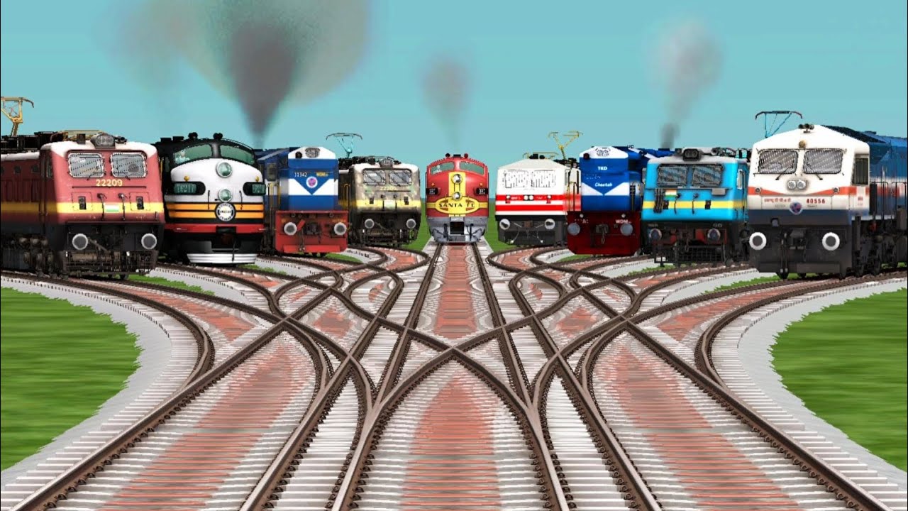 9 Dangerous Trains Crossing By Bumpy Branched Railroad Tracks || Indian Train Simulator Classic